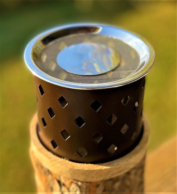 Räucherstövchen aus Metall und Holz mit Edelstahlsieb und Metallscheibe – Design „Heera” – H 9,5cm